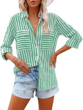 🆕Women's Green Long Sleeve Button Down V Neck Casual Imported Blouses Shirts